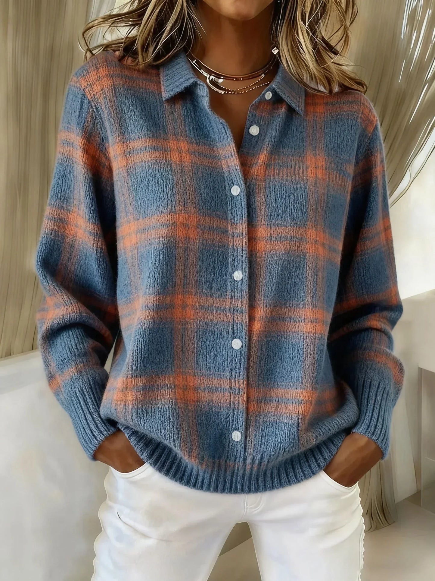 Victoria | Retro Geruit Casual Trui met Contrast