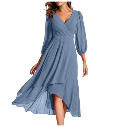 AURORA | Asymmetrische Jurk met V-hals en Vloeiende Rok voor Moderne Elegantie