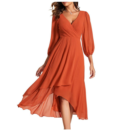 AURORA | Asymmetrische Jurk met V-hals en Vloeiende Rok voor Moderne Elegantie