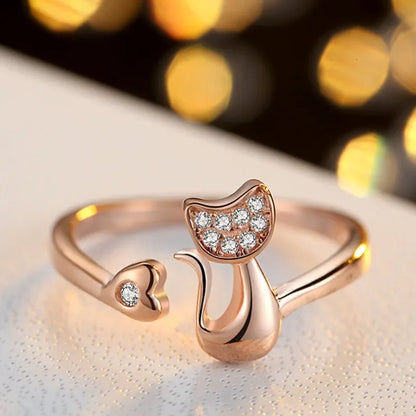 Open ring met schattige kat – Zirkonia