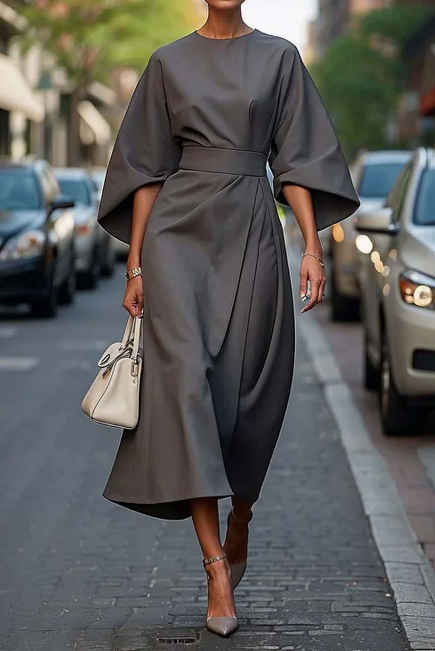 Sonia | Elegante Jurk met Lanternmouwen en Tailleband