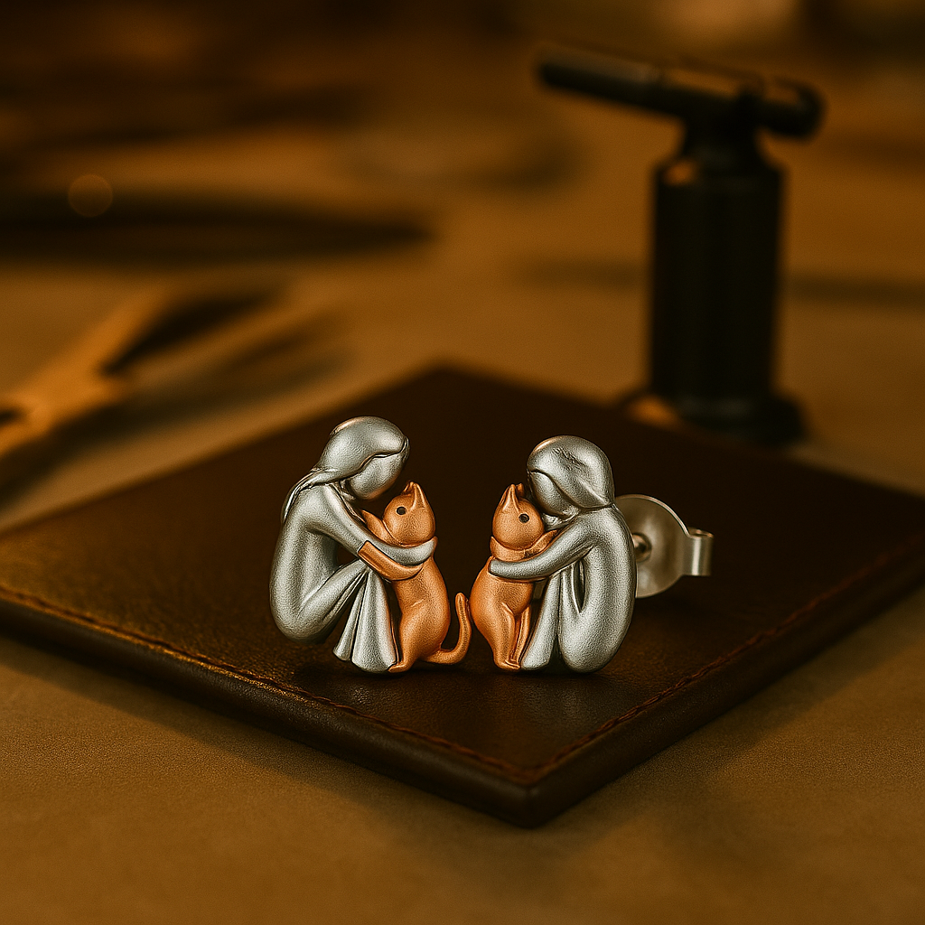 Bicolor Zilveren en Gouden Kat Knuffel Oorbellen